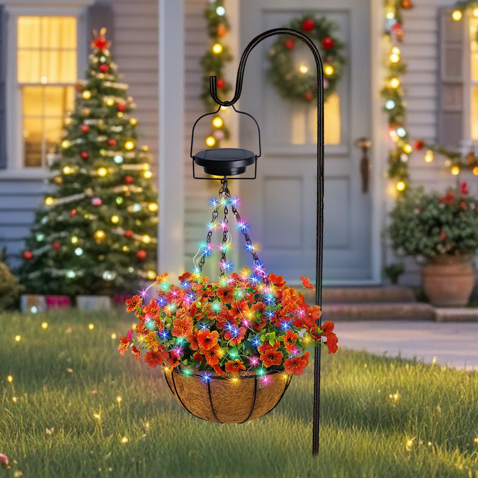 Photo 1 of Solar Artificial Hanging Basket: Lighted Fake Flower Basket with Colorful Lights 2 Lighting Modes for Porch - 10 Inch Light Up Fall Hanging Baskets with Orange Faux Flowers for Garden Patio House