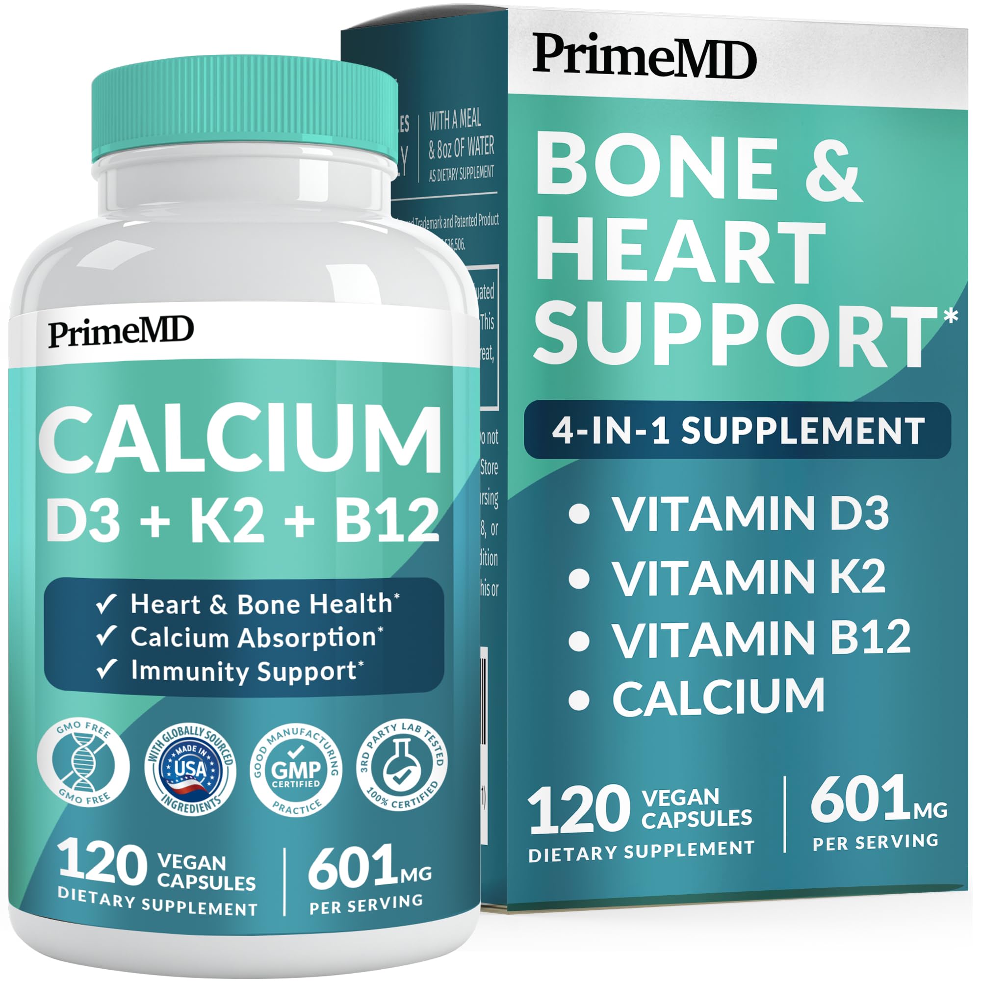 4-in-1 Calcium Supplements for Women and Men - Calcium with Vitamin D3 K2 5000 IU Supplement, 601mg per Serving - Gluten-Free, Vegan-Friendly (120 ct)