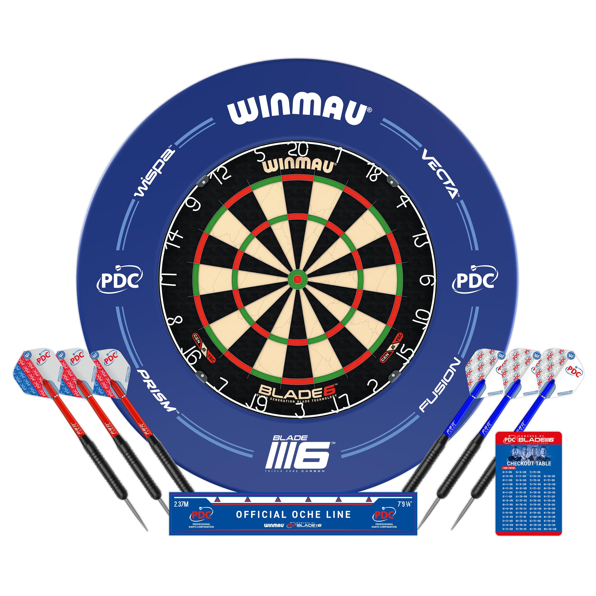 WINMAU PDC Blade 6 Dartscheibe Set mit Dart Surround – Steeldartscheibe Komplettset mit 2 Sets Steeldarts, Oche & Checkout-Karte – Professionelle Sisal Dartscheibe für Zuhause