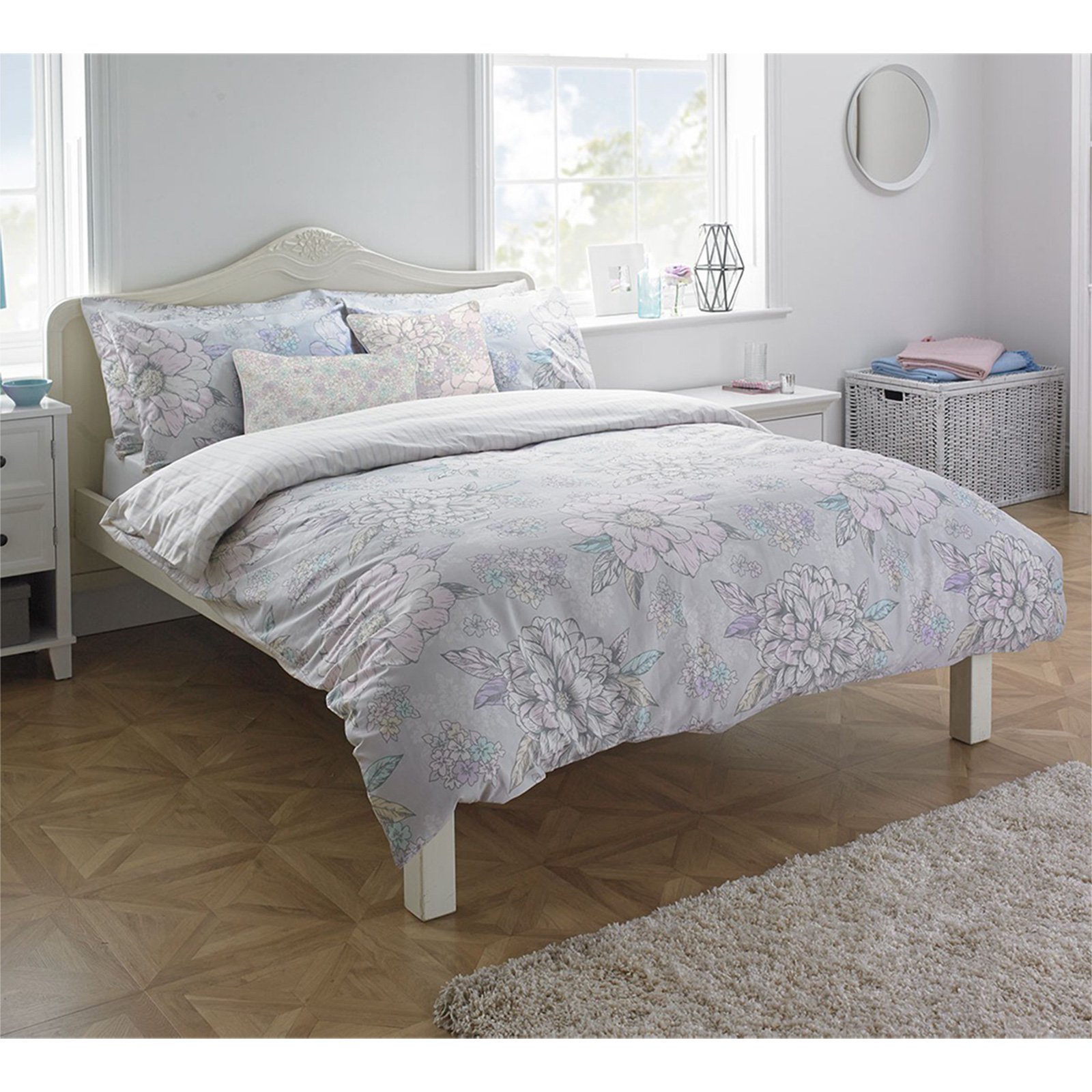 Just Contempo Chic Floral Duvet Cover Set, King, Grey