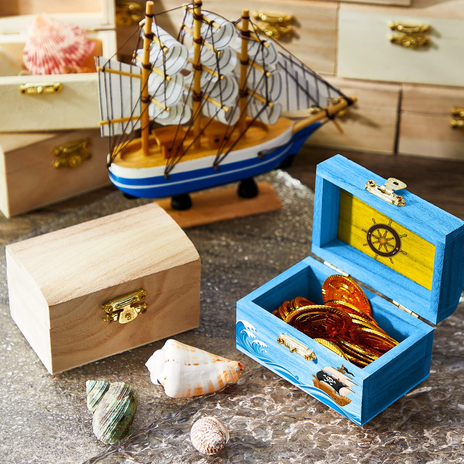 Leinuosen 15 Pcs Small Wooden Boxes with Hinged Lids 3.5 x 2.2 x 1.9 Inch Unfinished Wooden Treasure Chest Box 10 Pcs Paint Brushes with 2 Sheets Craft Gems Self Adhesive Rhinestones Stickers