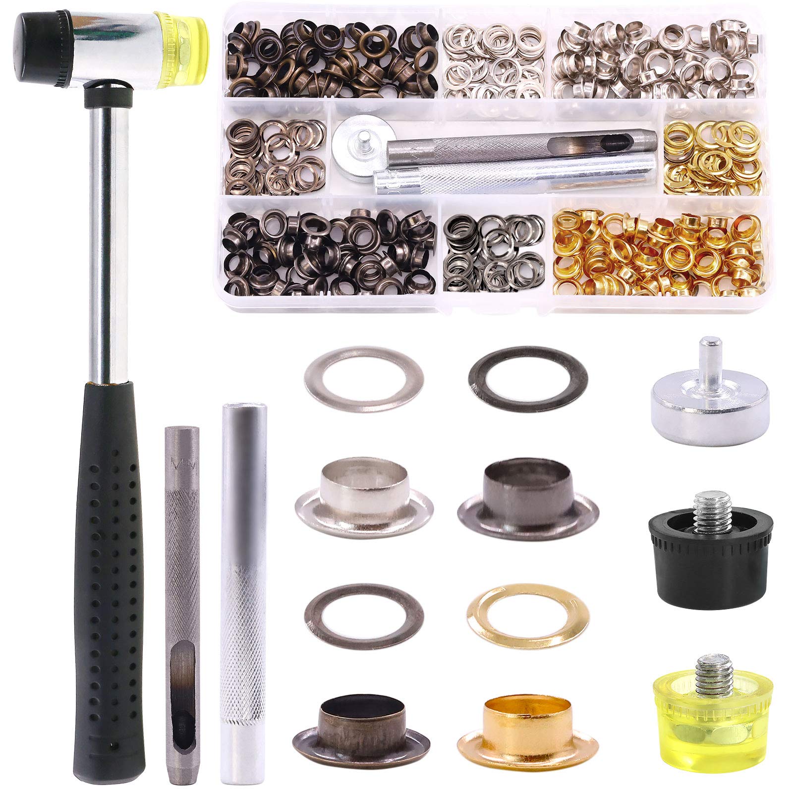 Keadic K708 240 Pieces 6MM 1/4 Inch Grommets Eyelets Kit with 3Pcs Installation Tools for Fabric, Canvas, Curtain, Clothing, Leather (Silver/Gold/Black/Bronze)
