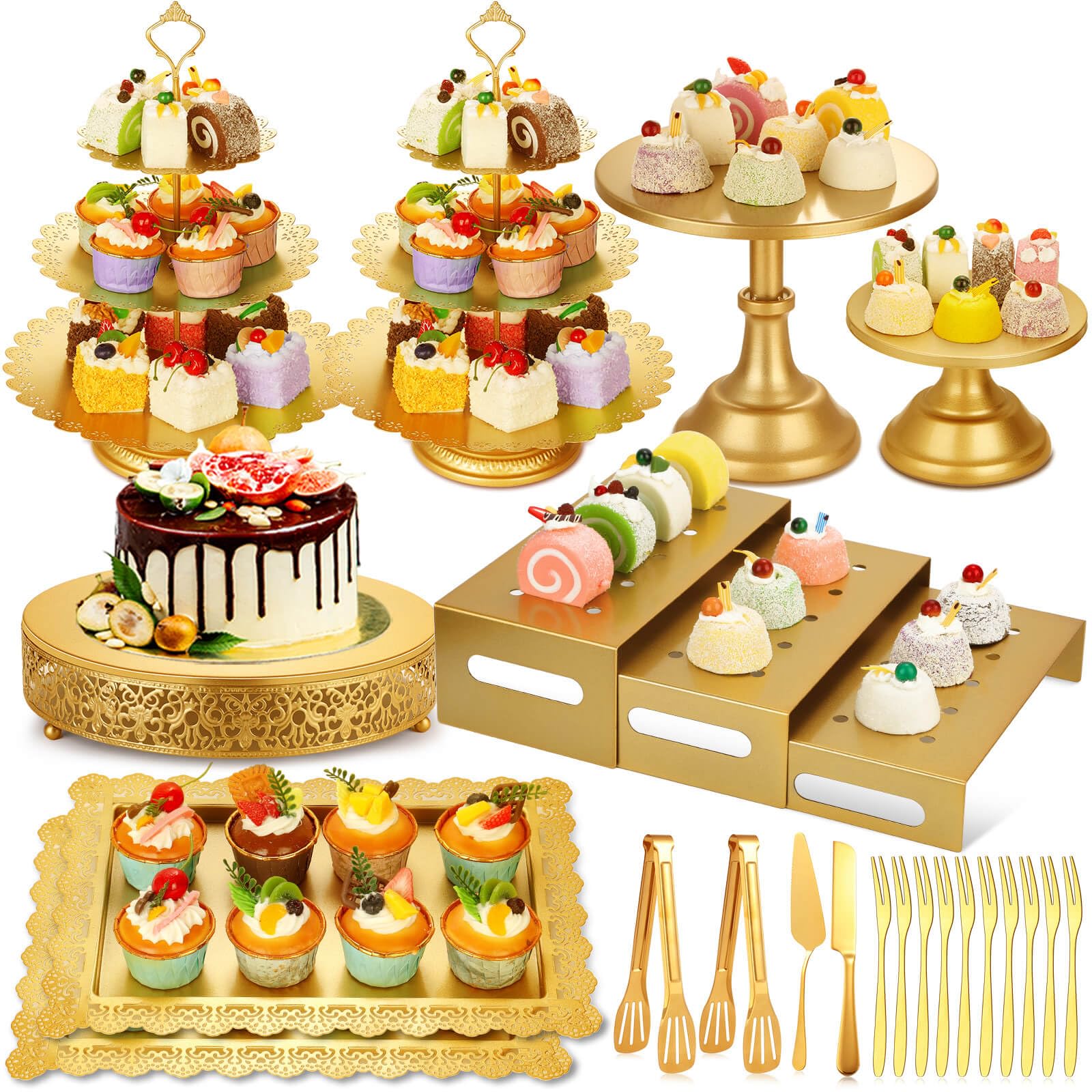 Photo 1 of Audab Metal Gold Dessert Table Display Set Including Cake Stands, Cupcake Tower Stand, Dessert Tray, Risers Stands, Cake Cutting Set and Serving Tongs for Wedding, Birthday Party Decor