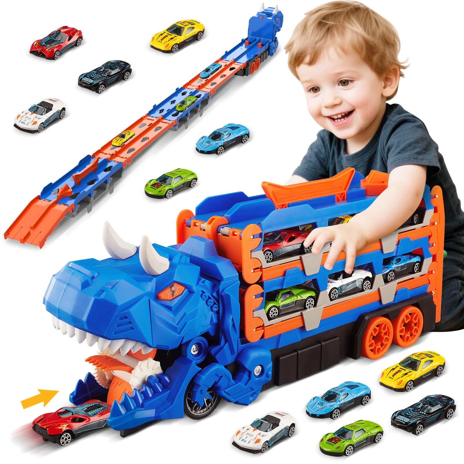 Jumkeet Dinosaur Truck Toys for Kids 3+ Years Old, Swallowing Transport Cars Carrier with Foldable Race Track and 6PCS Mini Alloy Car, Storage Function, Vehicles Sets Gifts for Boys Girls 3 4 5 6 7 8+