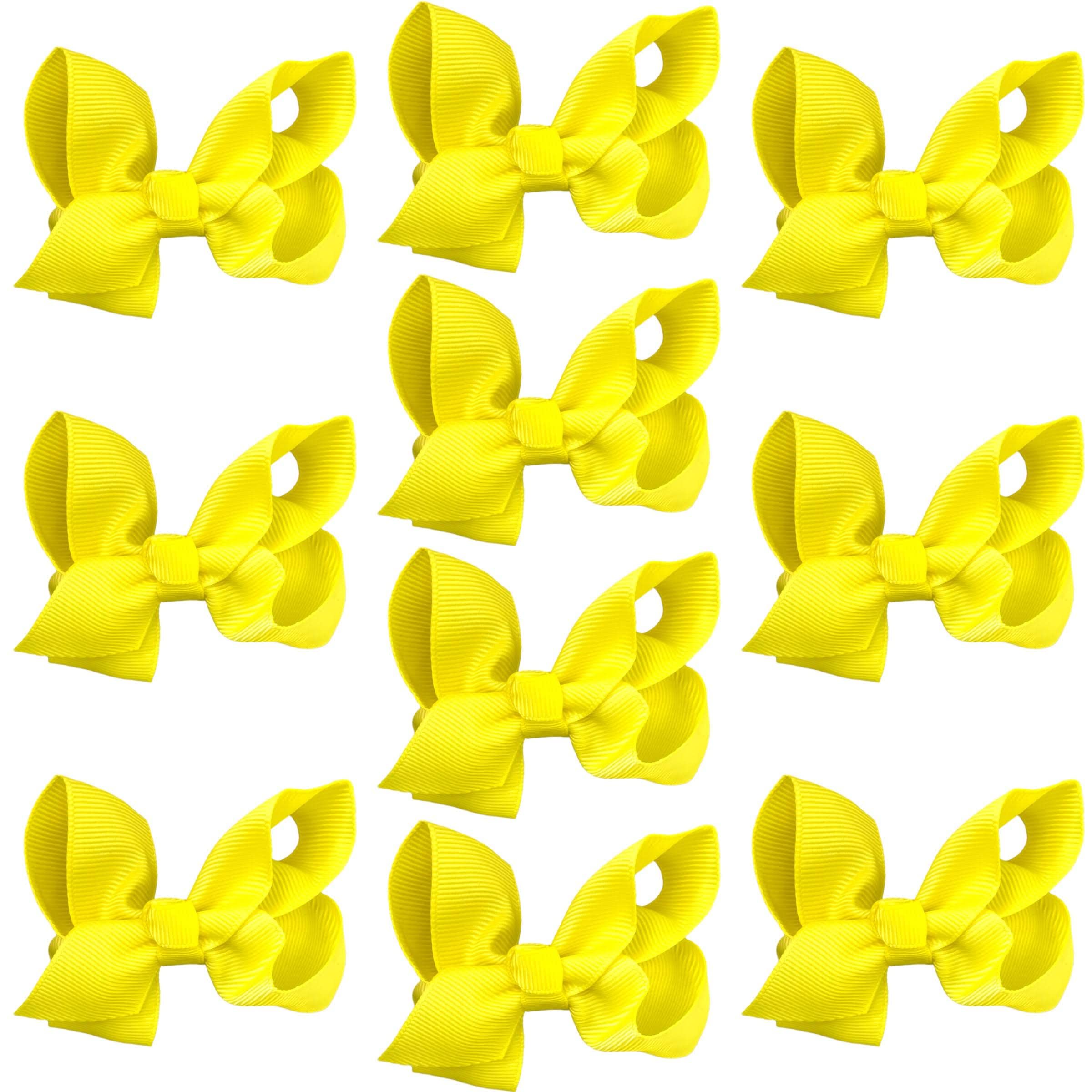 10pk Neon Yellow Hair Bows Knots Clips Slides Grips 3" Inch 7.6cm Solid Colour Girls School Hairbow Accessories