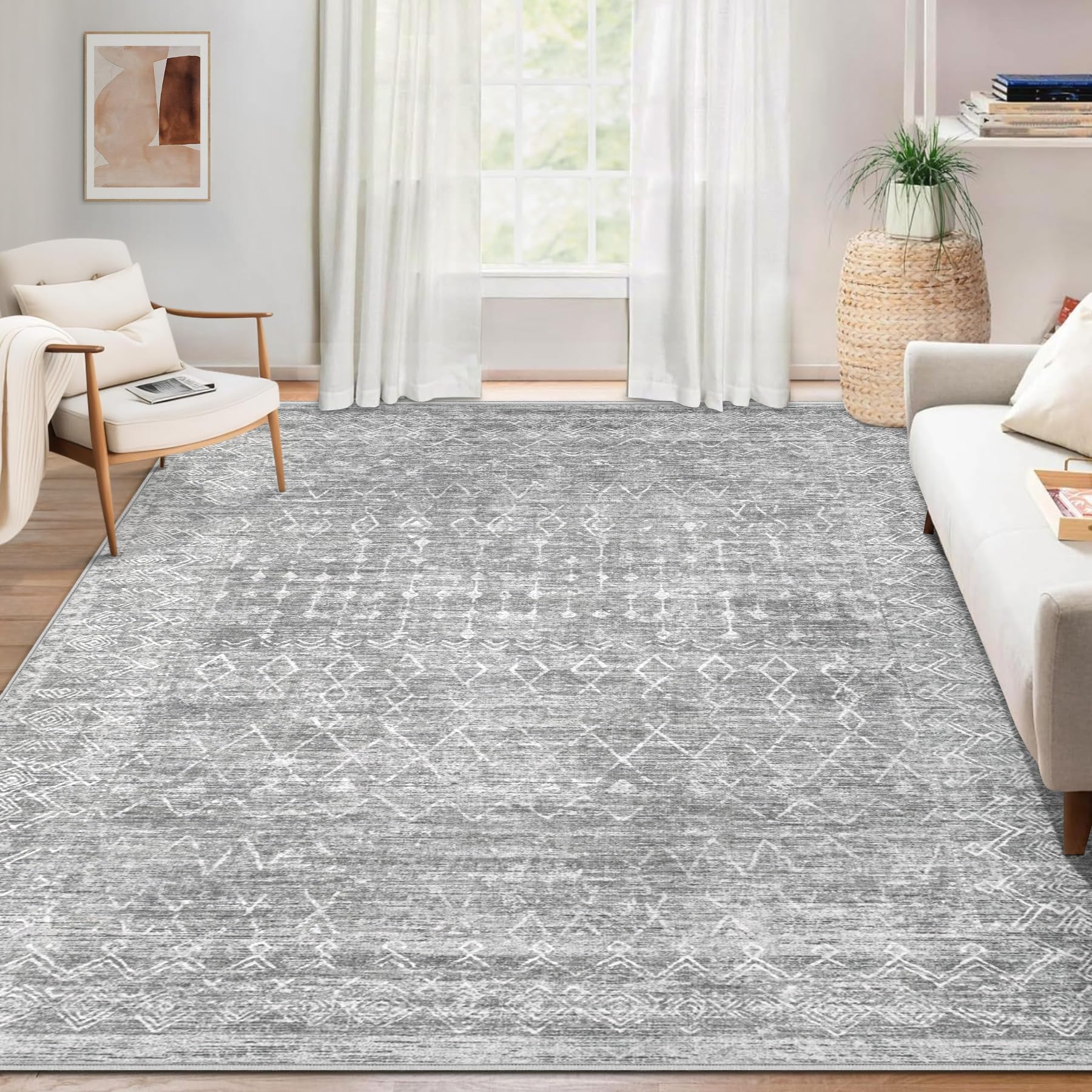 Photo 1 of Area Rug Living Room Rugs 5x7 - Large Soft Boho Geometric Rugs, Non-Slip Foldable Washable Area Rug Non Shedding Morden Indoor Floor Carpet for Living Bedroom Office Dining Room (Moroccan Grey, 5'x7')