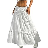 DERAX Women's Boho Flowy White Maxi Skirt Flared Ruffle Elastic Waist Summer A Line 2026 Spring Long Skirts