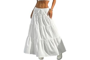 DERAX Women's Boho Flowy White Maxi Skirt Flared Ruffle Elastic Waist Summer A Line 2026 Spring Long Skirts