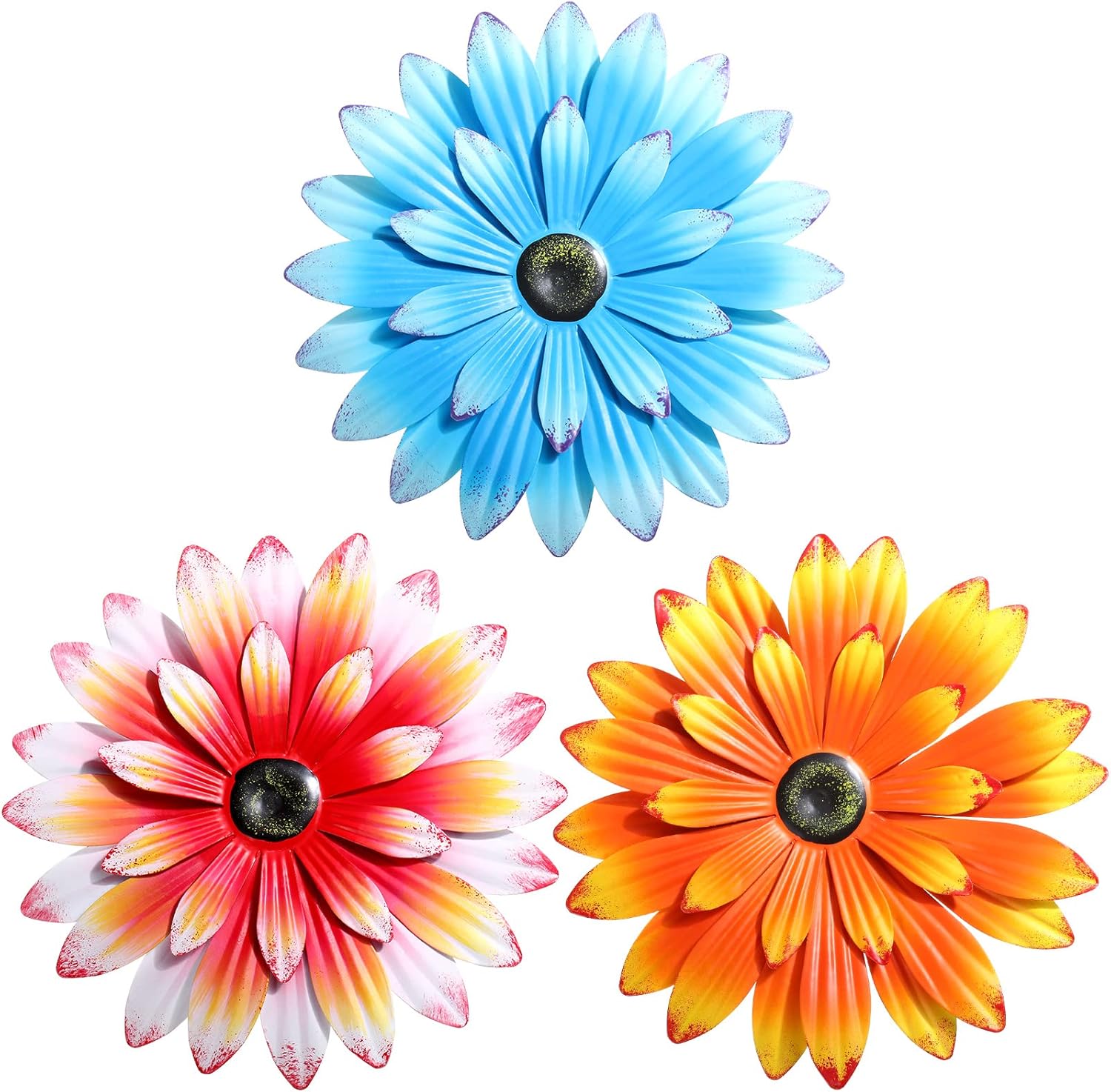 Plaques & Wall Art - 3 Pcs Metal Flower Wall Art 3D Metal Daisy Flower Wall Decor Multiple Layer Hanging Flower Rustic Farmhouse Boho Style Decorations for Indoor Outdoor Home Living Room Office Garden, 8 inches(Vivid)