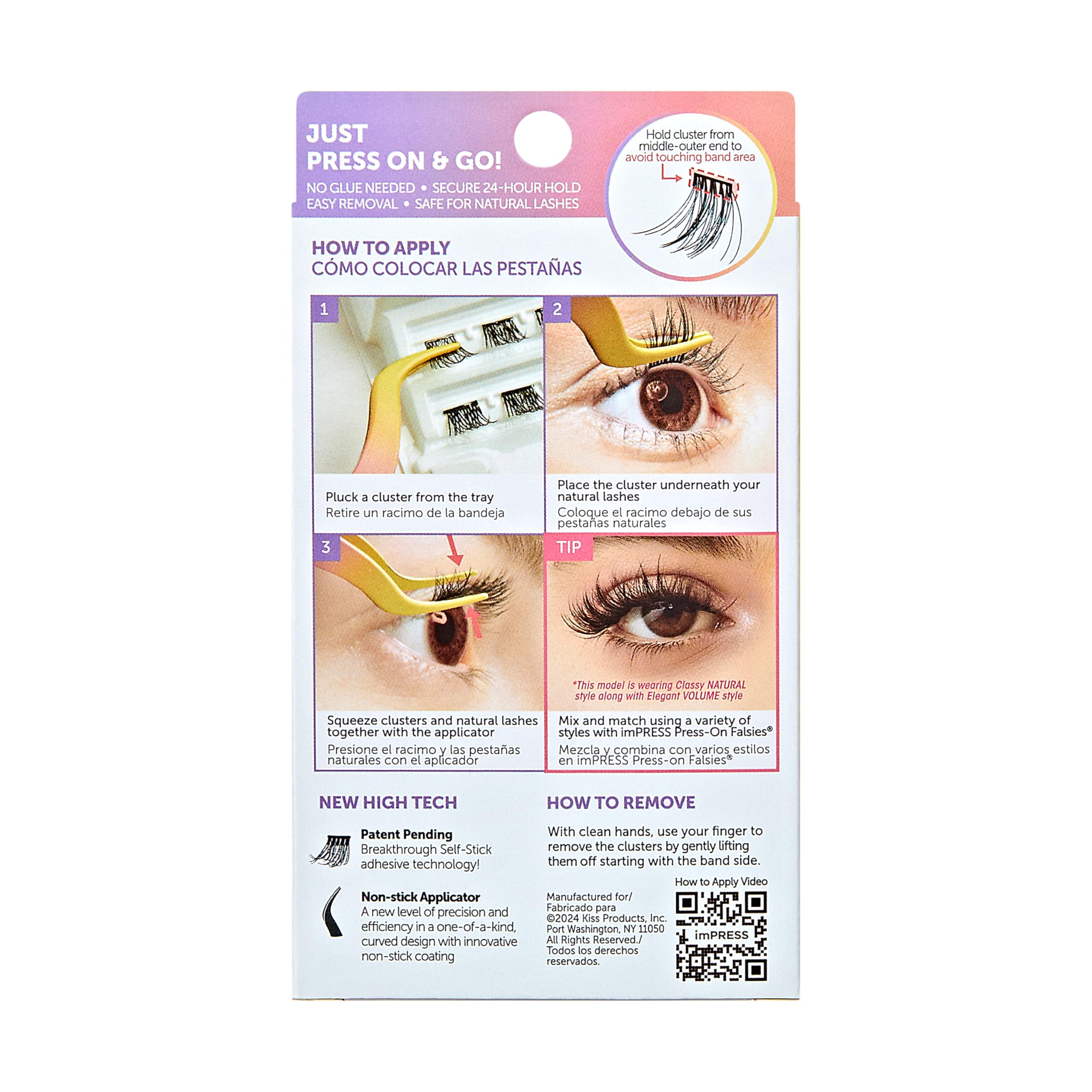 KISS imPRESS Falsies Press On Self Adhesive Eyelashes, 10mm-12mm Natural Volume Press On Lashes, Black, No Glue Needed, Invisible Band, 12 Lash Clusters - Classy
