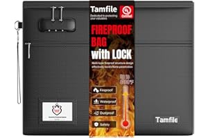 TAMFILE 6400℉ Fireproof Document Bag with Lock, 14.5 x 11.5 inch Fireproof Money Bag 2 pockets with Zipper for Cash, Fire Safe Money Pouch Zipper for Important File,Valuables, Keys, Passports (Black)