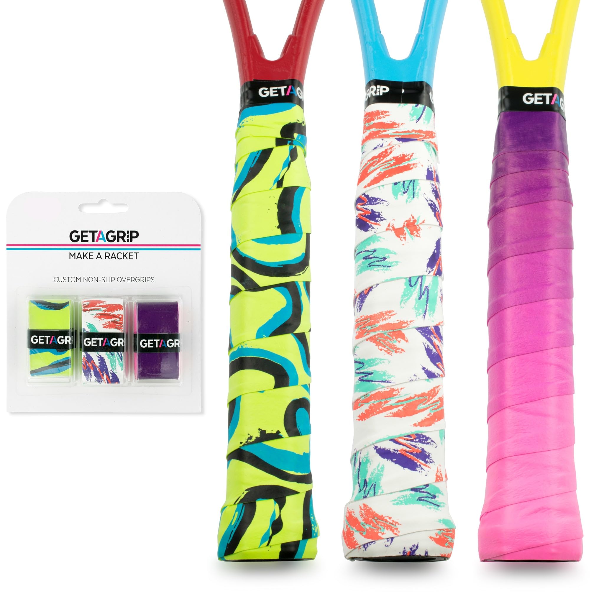 GET A GRIP - Custom Tennis Racket Grip Tape - Anti-Slip/Quick-Drying Tennis Overgrips - Precut Badminton Racket Grip with Finishing Tape - Squash Racket Grip Tapes (Real Deal Pack)