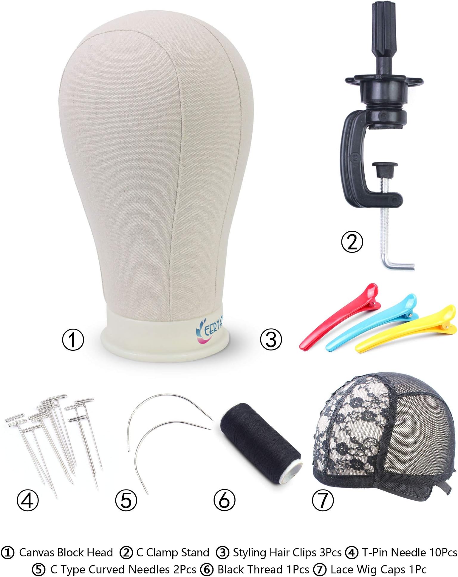 Eerya 21-24 Inch Canvas Block Head Set for Wig Display Making Hair Weave and Styling Mannequin Head with Mount Hole (Stand Styling Hair T Needle C Needles Thread Wig Caps with Canvas Head 21 Inch)