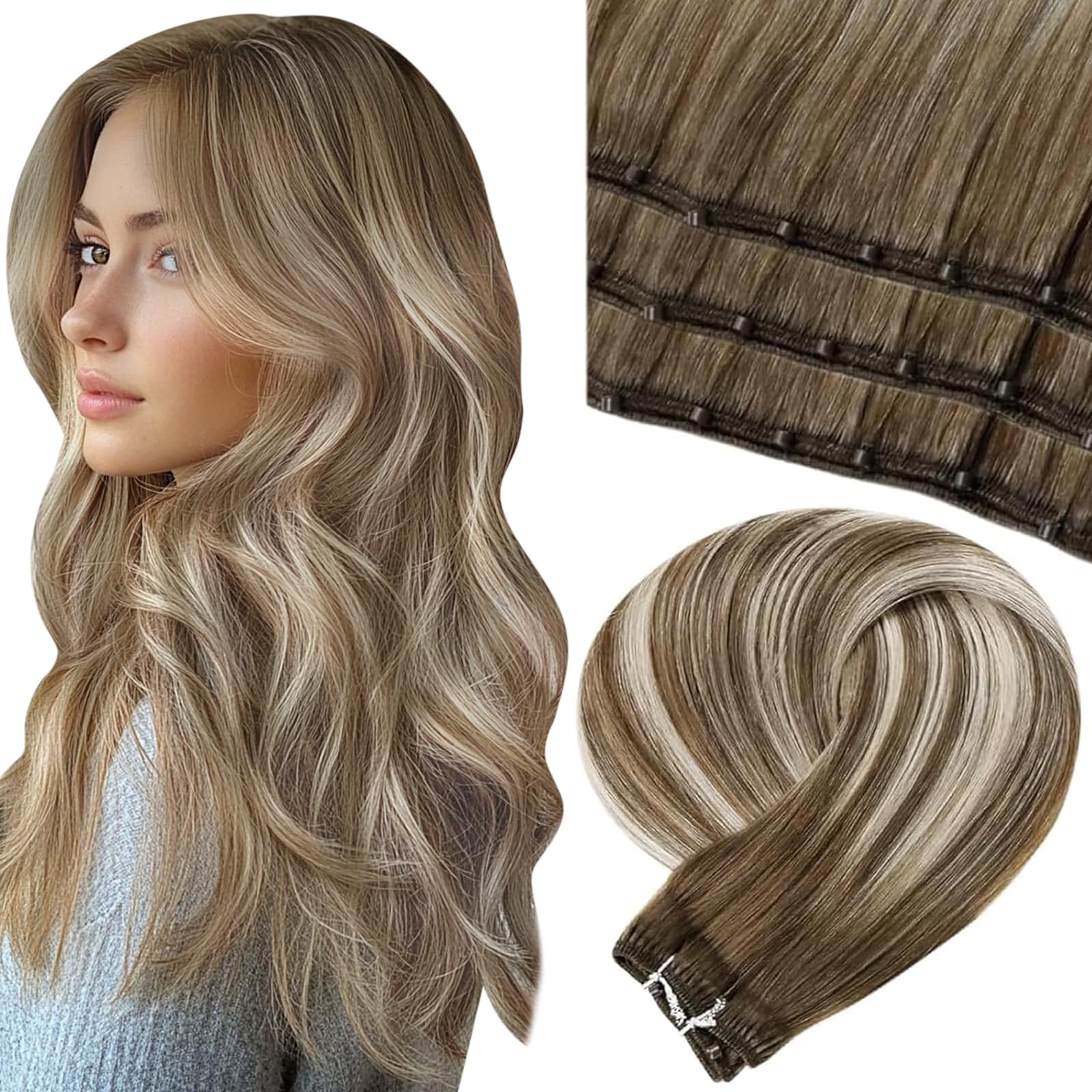 LaaVoo Beaded Weft Hair Extensions Human Hair Ombre Beaded Human Hair Extensions Ash Brown to Blonde Mix with Platinum Blonde 18inch 50g