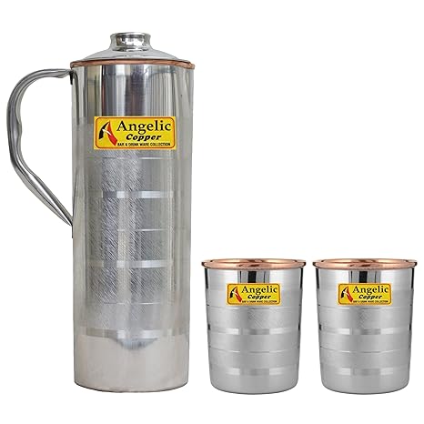 Angelic Copper Steel Designer Bottle with Glasses Set, 1 Litre, Set of 2, Steel/Copper