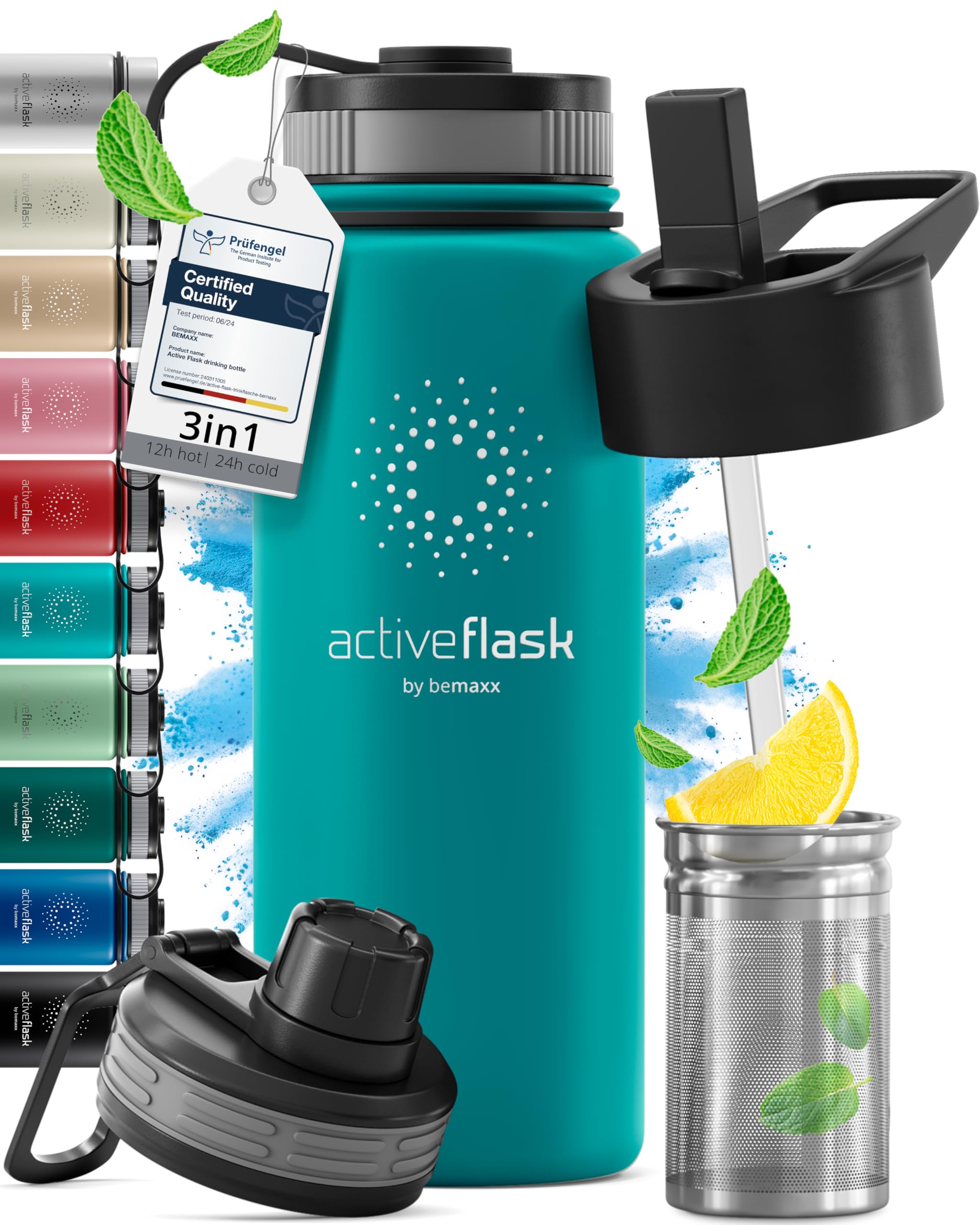 Stainless Steel Water Bottle with Straw & 3 Lids: 1 & 0,5L Leak-Proof BPA-Free Vacuum Insulated ACTIVE FLASK Drinking Bottles Hot Cold: Double Walled Outdoor Drink Thermo Mug Tea Coffee Sport Gym Bike