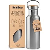 Bambaw 24 oz Metal Water Bottle, Insulated Stainless Steel Water Bottle, Great for Travel, Wide Mouth for Easy Cleaning, Reusable &amp; Durable, Rust-Resistant &amp; Sturdy (Natural Steal)