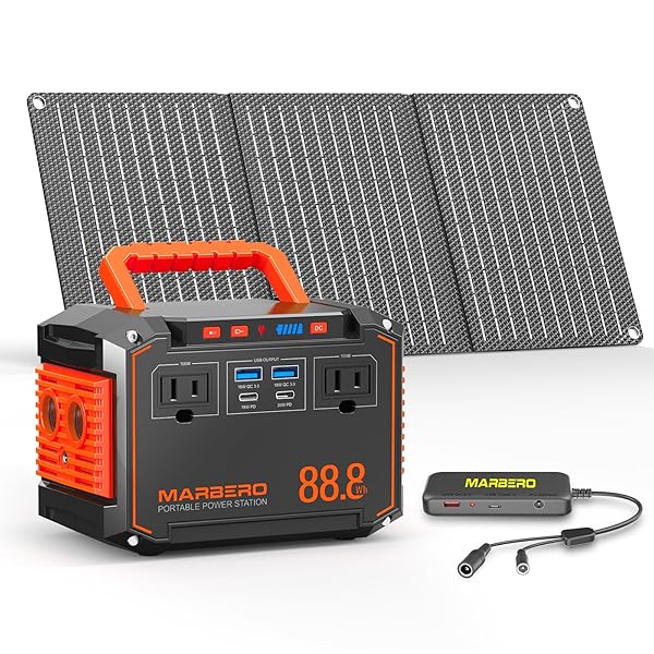 MARBERO 88.8WH PORTABLE POWER STATION WITH 30W SOLAR PANEL 150W PEAK CAMPING SOLAR GENERATOR POWER BANK WITH AC OUTLET(2*AC,2*USB A, 2*USB C,) FOR OUTDOOR TRAVEL HOME EMERGENCY BLACKOUT HURRICANE