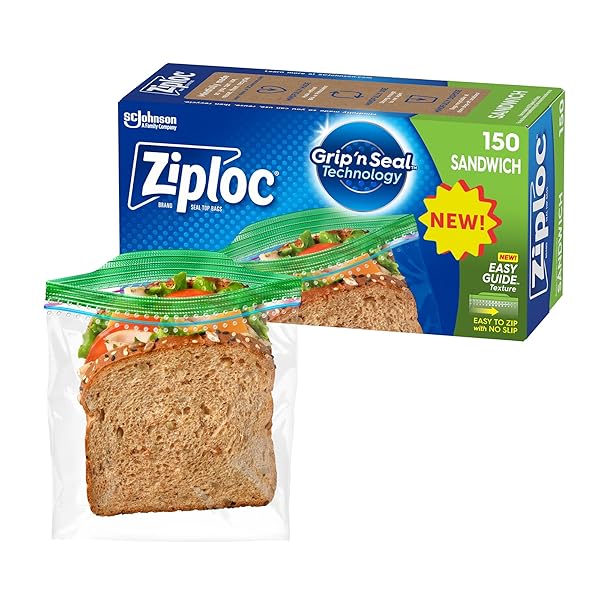 ZIPLOC SANDWICH AND SNACK BAGS WITH EASYGUIDE TEXTURE, PLASTIC STORAGE BAGS WITH GRIP ‘N SEAL TECHNOLOGY, 150 BAGS TOTAL