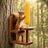 LemonRoad Wooden Squirrel Picnic Table Feeder for Outside with Corn Holder | for Squirrels &amp; Chipmunks, Natural Wood, Corn Cob Holder Included, Mounts to Trees or Fences, Outdoor Wildlife Feeding
