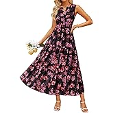 ZESICA Women's Summer Boho Floral Sleeveless Midi Dress 2026 V Neck Elastic High Waist Flowy Casual Beach Long Dresses