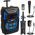 Pyle Bluetooth PA Speaker & Microphone System - Portable Karaoke Speaker with Wired Mic, Built-in LED Party Lights, FM Radio,