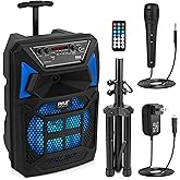 Pyle Bluetooth PA Speaker & Microphone System - Portable Karaoke Speaker with Wired Mic, Built-in LED Party Lights, FM Radio, MP3/USB/Micro SD Readers, Speaker Stand (8’’ Subwoofer, 400 Watt MAX)