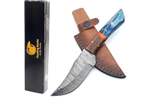 HUNTING HUNTS Custom Handmade Damascus Steel Hunting Knife – Fixed Blade Skinning Knives for Camping, Outdoor, Survival – Premium Damascus Blade with Sheath & Belt Loop – Tactical Bushcraft Hunting gear for Men