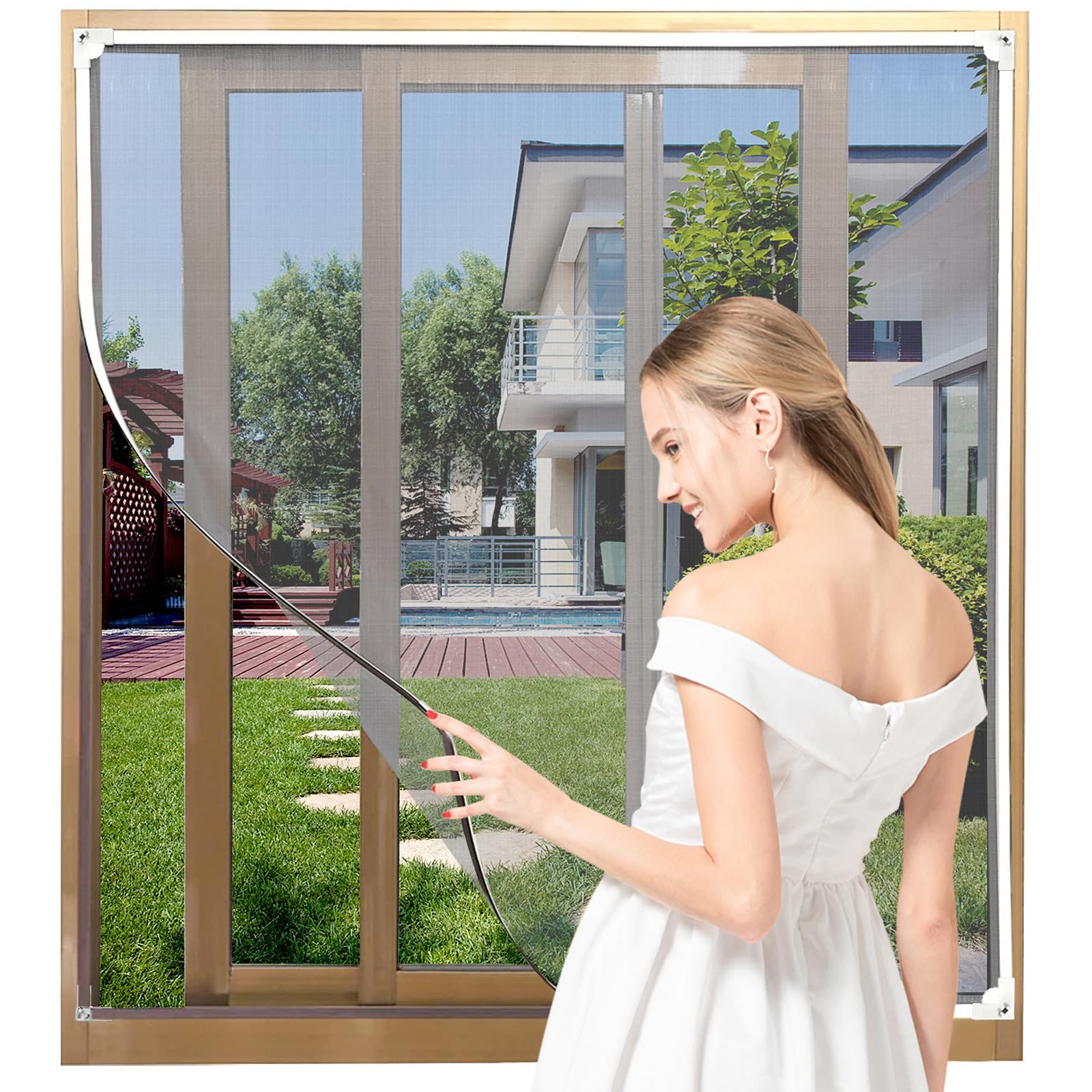 AMLOOPH Magnetic Window Fly Screens for Windows Nets to Keep Bugs Out, Up to 155x185cm DIY Fly Bug Mosquito Net Window Mesh Insect Screen for Windows, White PVC Frames Grey Fiberglass Window Screen