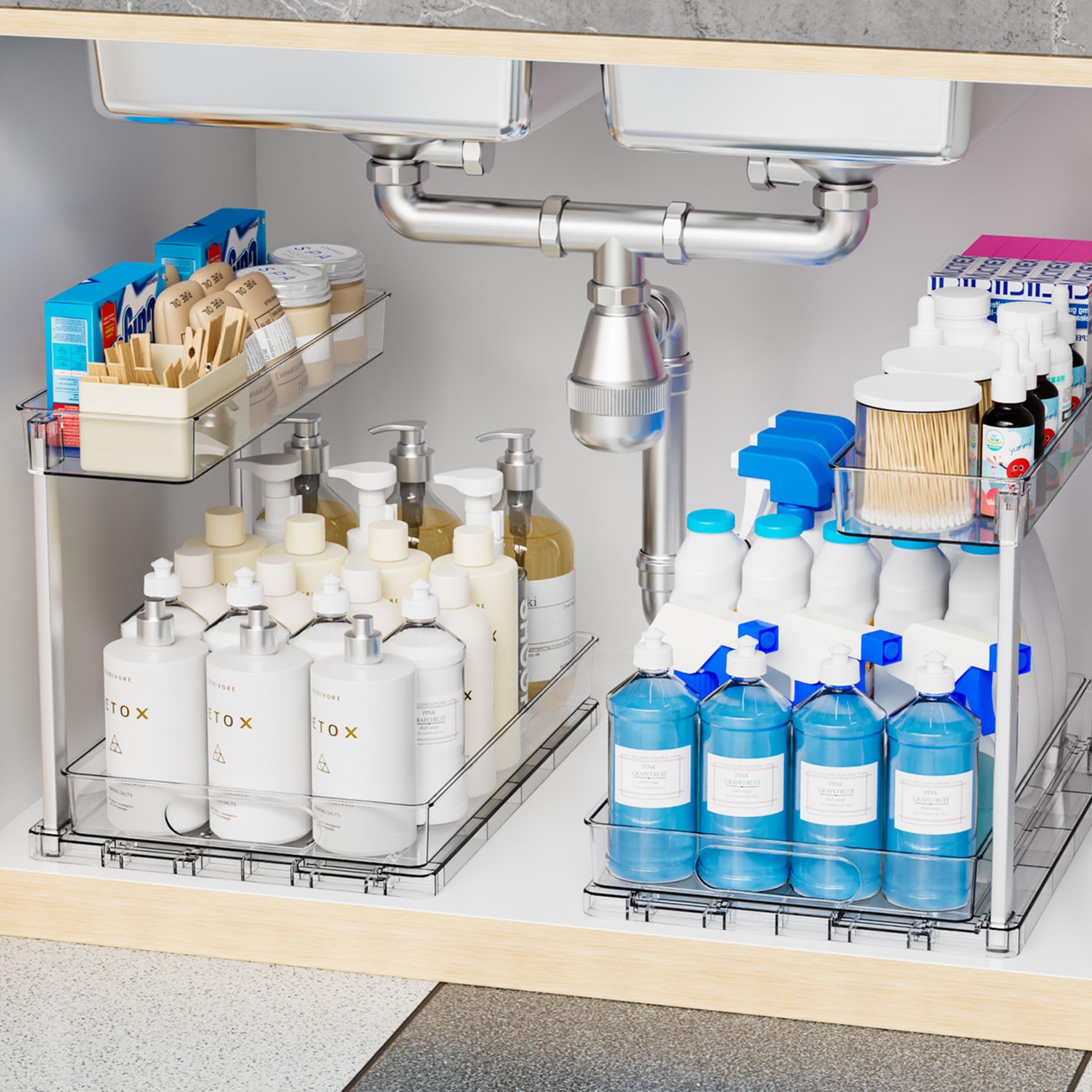 Photo 1 of Yieach 2 Pack Kitchen Sink Organizer Under Cabinet,14.5 Inch Deep Clear Under Sink Storage Rack for Bathroom,Apartments and Small Space,Two Tier Pull Out Vanity Cabinet Organizer & Undersink Storage