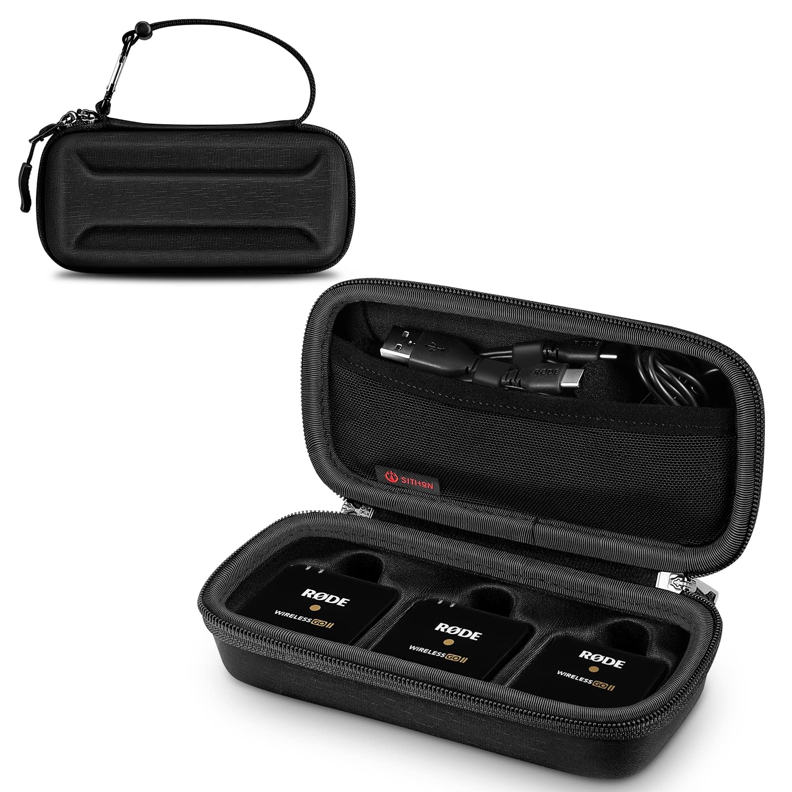 SITHON Hard Shell Travel Case for RODE Microphone Wireless Go 2 / II Dual Channel Compact Digital Wireless Microphone System, Portable Storage Carrying Case with Hand Strap, Carabiner (Case Only)