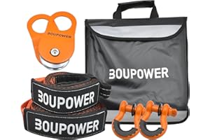 CUISINSMART Off Road Recovery Kit, 10 Ton Snatch Block Pulley with Winch Line Dampener, 3/4" D Ring Shackles, 3" x20' Tow Strap + 3" x8' Tree Saver Strap, Vehicel Recovery Gear Orange