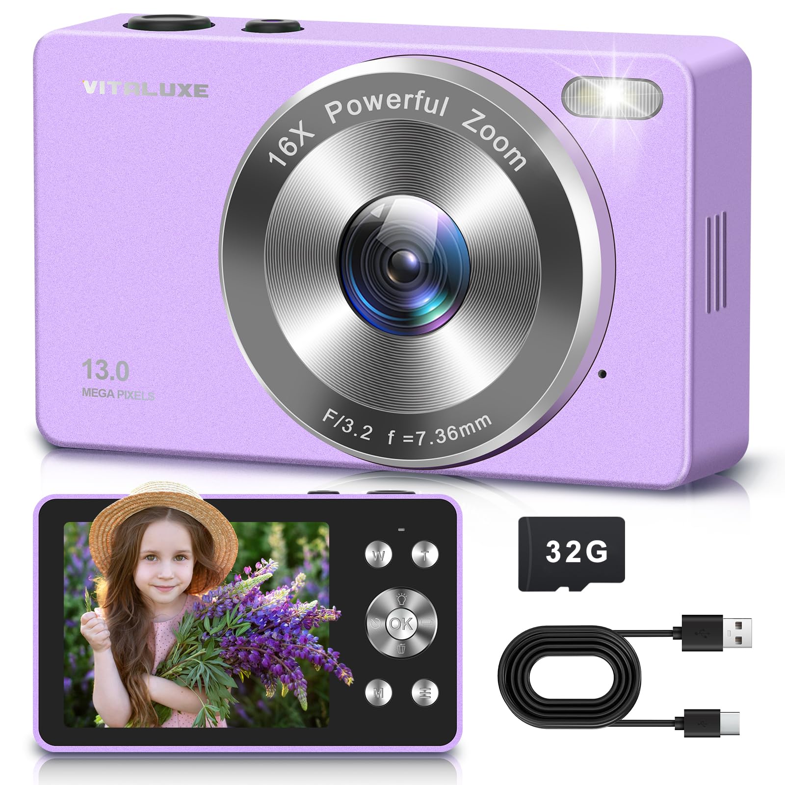 Photo 1 of 4K Digital Camera, VITALUXE FHD Kids Camera, Real 13MP 16x Zoom Autofocus, 2.83'' LCD Screen, Long Lasting, Compact Small Vintage Camera with 32G Card, Best Gift for Kids, Teens, Girl, Boy, Beginngers