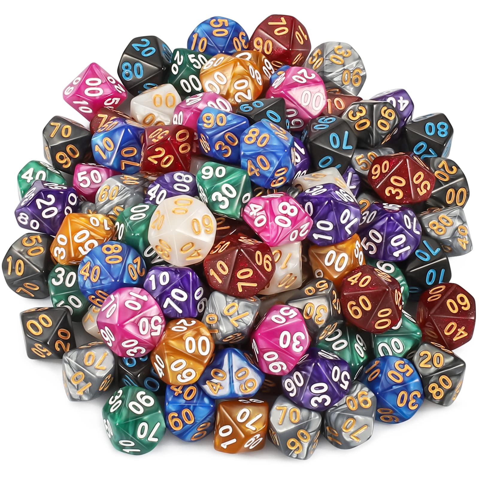 CiaraQ DND Polyhedral Dice (100pcs) with A Dice Bag Compatible with Dungeons and Dragons DND RPG MTG Role Playing Table Games (D% dice, 10 colors-100 pcs)