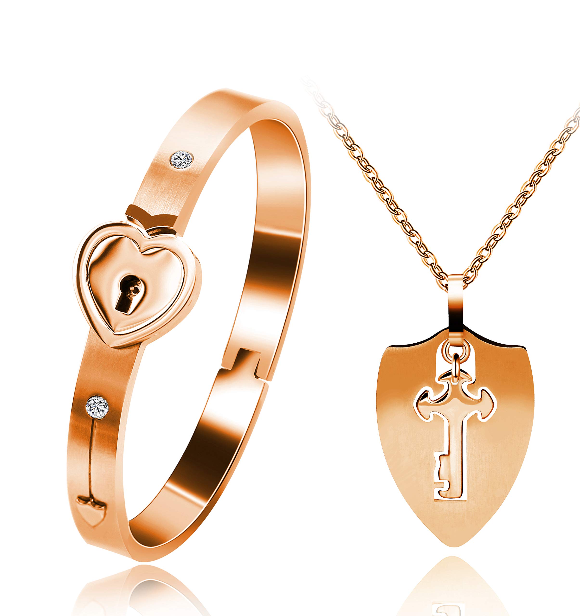 Uloveido Shield Key Necklace and Heart Lock Bracelet for Couples Jewelry Set You Hold The Key to My Heart Rose Gold Color Bracelet Necklace Set for Men and Women Y473