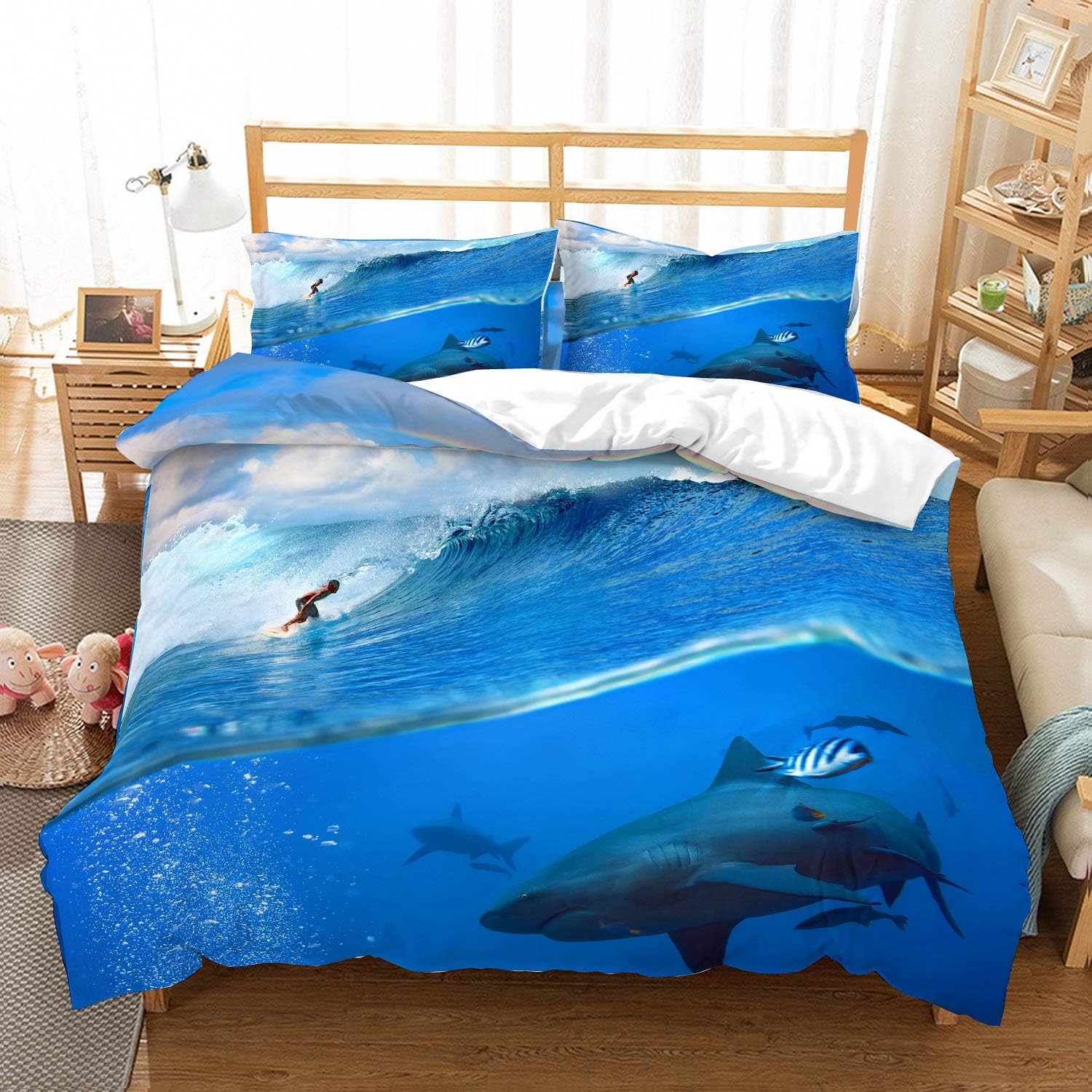 APJJQ Shark Duvet Cover Set Full/Queen for Kids 3D Print Surfing Over Surf Shark Under Ocean Blue Shark Bedding Set for Boys Girls Children Teens 3 Pieces with 1 Duvet Cover 2 Pillowcases