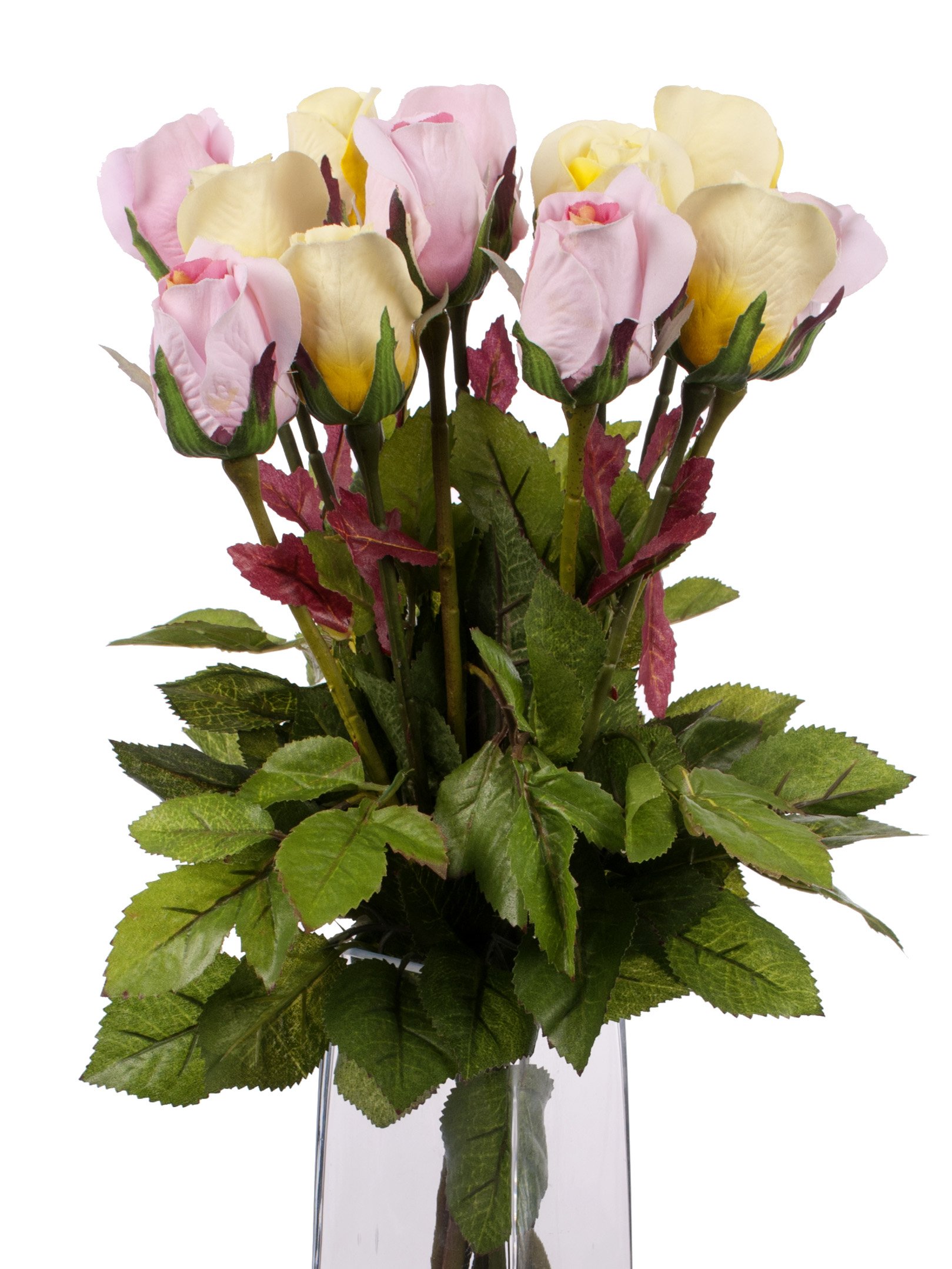 Floral Elegance Artificial 60cm Single Stem Closed Bud Rose Flowers x 12 (6 x Yellow and Cream and 6 x Pale Pink)