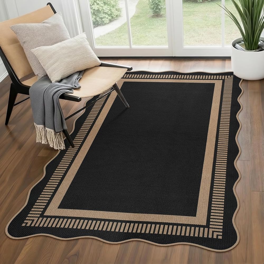 Dadasgk Easy Jute 3x5 Outdoor Patio Rug, Washable Black Modern Indoor Kitchen Rug, Farmhouse Neutral Non Slip Scalloped Carpe