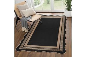 Dadasgk Easy Jute 3x5 Outdoor Patio Rug, Washable Black Modern Indoor Kitchen Rug, Farmhouse Neutral Non Slip Scalloped Carpe