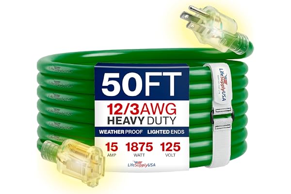 50ft Outdoor/Indoor Extension Cord 12/3 Gauge Extra Heavy Duty 3 Prong SJTW, Waterproof, Flexible Cold-Resistant Long Power C