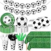 Domensi 214 Pcs Soccer Party Decorations Supplies Includes Soccer Paper Plates and Napkins, Cups, Tablecloths, Cutlery, Banner for Sports Birthday Party Decorations, Serves 30 Guests