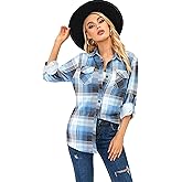 Oyamiki Womens Casual Cuffed Long Sleeve Boyfriend Button Down Plaid Flannel Shirt Tops