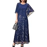 Lesuxa Women Cape Dress with Chiffon Overlay Gown Formal Evening Long Sequin Dresses,Party Cocktail Gown Blue