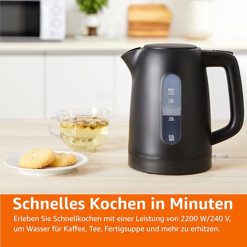 Wasserkocher 1,7L, 2200W, BPA-frei, 360° Basis, Automatische Abschaltung, Herausnehmbarer Kalkfilter, Mattschwarz