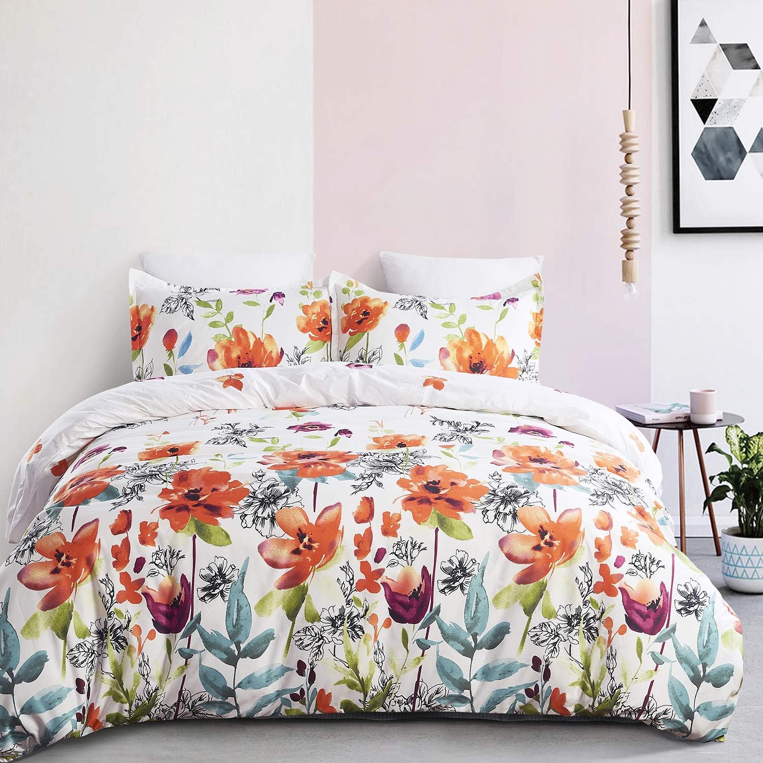 YEPINS Microfiber Duvet Cover Set with Zipper Closure, Floral Pattern Reversible Design, White and Orange- Queen Size (90X90 Inch)-3 Piece (1 Duvet Cover and 2 Pillow Shams)