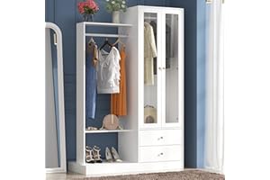 Homsee 73.3" H Wardrobe Armoire with Glass Doors, 2 Hanging Bars & 2 Drawers, Wooden Closet Storage Cabinet with Open Shelves for Bedroom, White & Gold