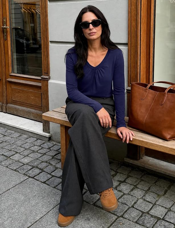 Haut Femme T Shirt Col V Plissé Manches Longues Coupe Ample Chic