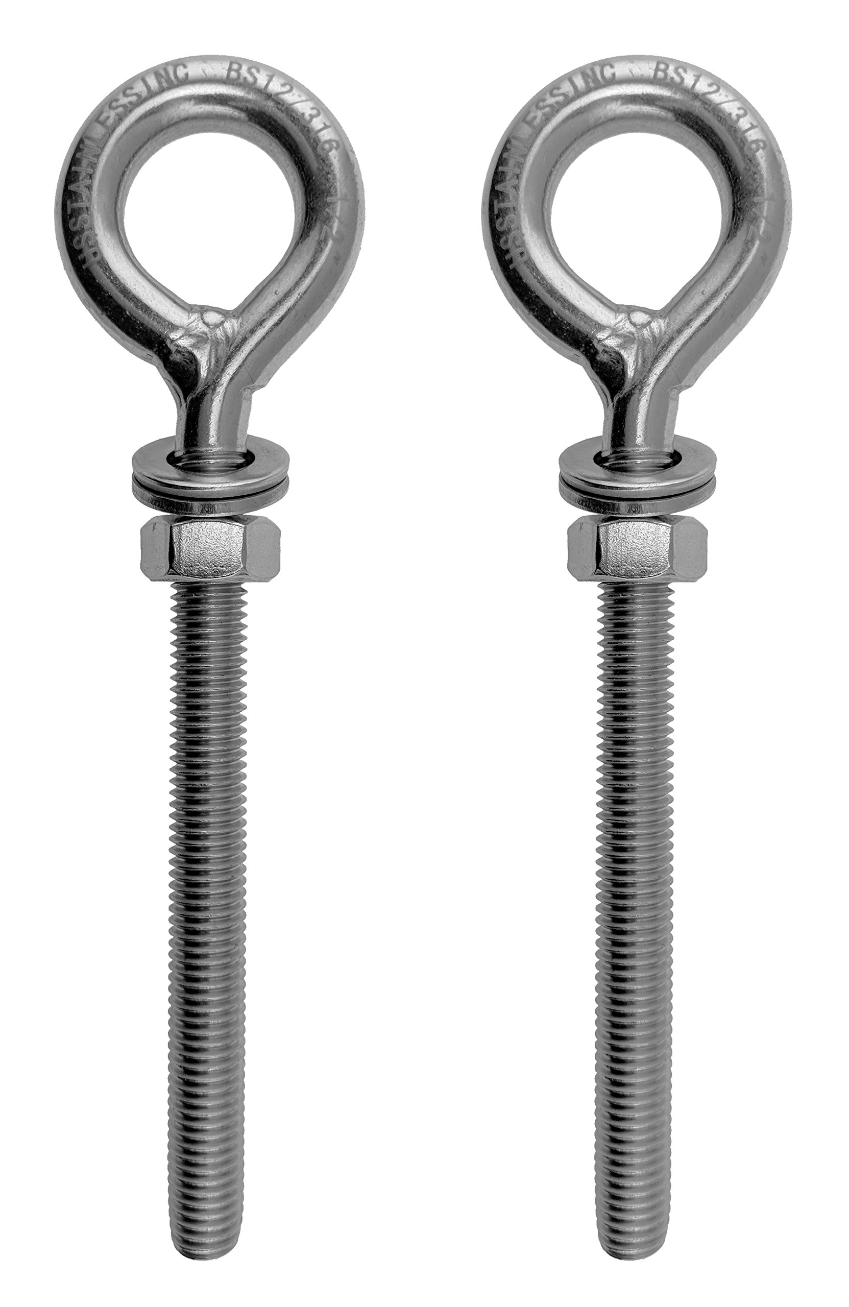 2 Pieces Stainless Steel 316 M12 Eye Bolt 12mm x 100mm (1/2" x 4") Marine Grade
