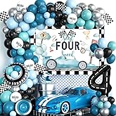 Fiesec Need Four Speed Birthday Decorations with Balloon Garland Arch, 4th Birthday Decorations Boy, Vintage Race Car Themed Backdrop Checkered Flag for Boys Retro Blue 4 Year Old Party Supplies