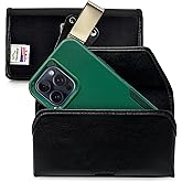 Turtleback Belt Clip for iPhone 16 Pro Max, 15 Pro Max, 14 Pro Max -Medium- Fits w/Shockproof Commuter Style Cases, Premium Black Leather, Horiz. Belt Holder, Magnetic Closure HD Rotating Clip